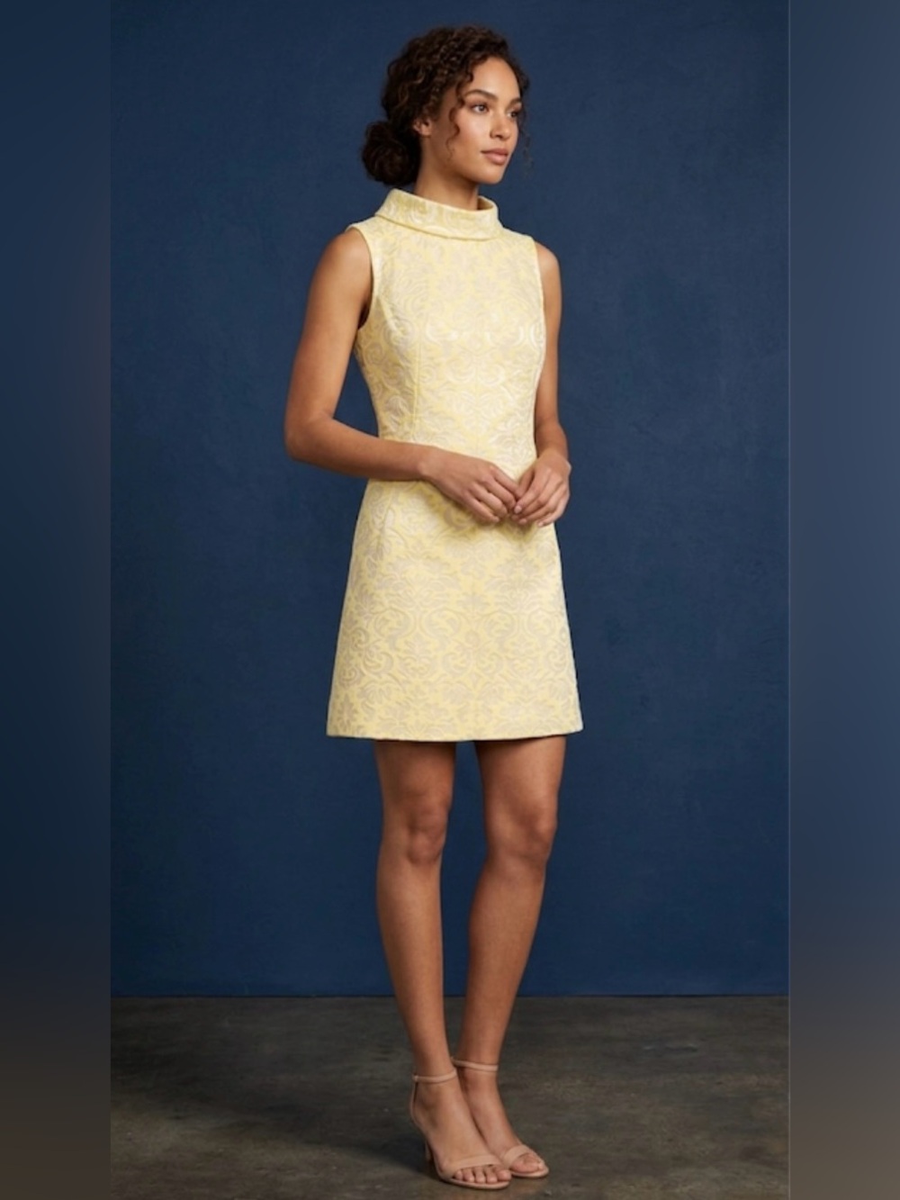Vintage Handmade 70’s Style Yellow Damask Brocade Sleeveless Mini Dress